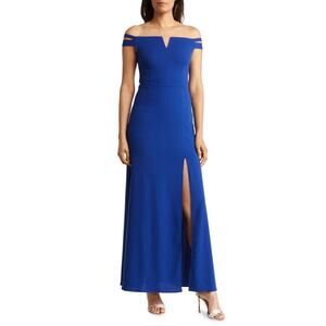 THE FASHION POET Off the Shoulder Gown Women's XS Blue Slit Maxi Short Sleeve